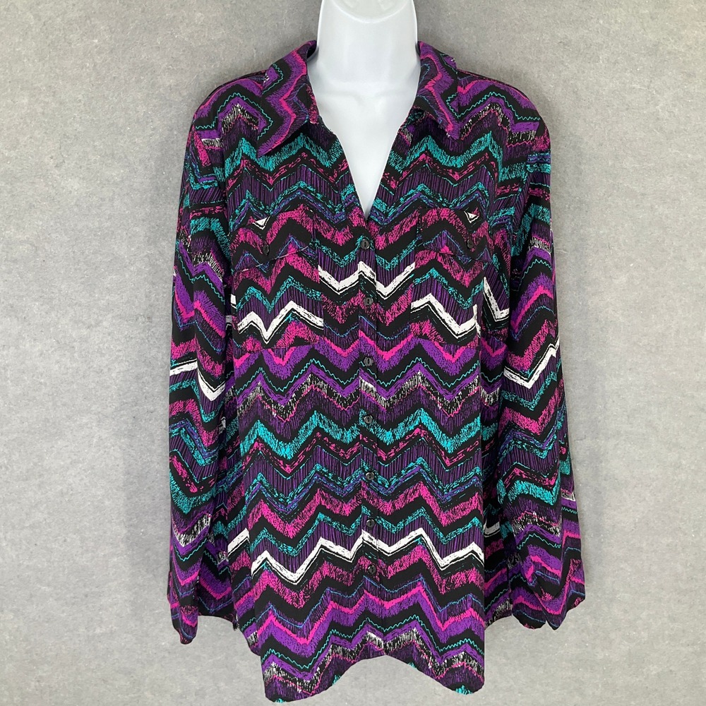 Kim‎ Rogers Curvy Blouse 2X Multicolor Chevron Button Up Long Sleeve Top